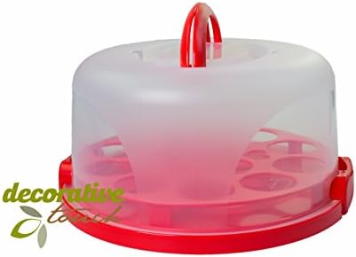 Cupcake Cake Carrier Keeper Portable 3-piece Airtight Container Storage Pie Dessert Sweets Cookies 11" Large Round Plastic Plus Insert (Red)