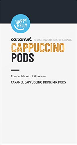 AMAZON BRAND – HAPPY BELLY CAPPUCCINO COFFEE PODS COMPATIBLE WITH K CUP BREWERS, LIGHT ROAST, CARAMEL FLAVORED, 24 COUNT, 12.72 OUNCE (PACK OF 1)
