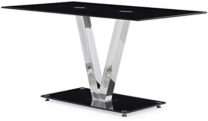Steel Base Dining Table with V Shaped Legs - Dining Table with Rectangular Glass Top - Black
