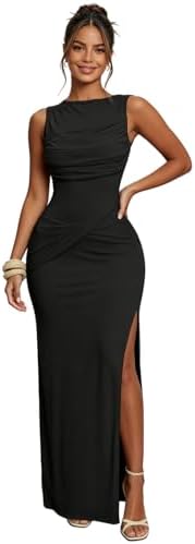 makemechic women's sleeveless split ruched halter party cocktail long dress Makemechic Womens Sleeveless Split Ruched Halter Party Cocktail Long Dress