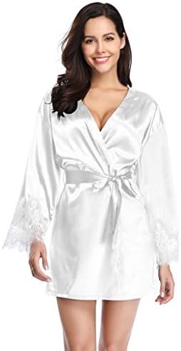 Santou Satin Kimono Robe for Women Long Sleeve Lace Trim Bathrobes Sleepwear Nightwear
