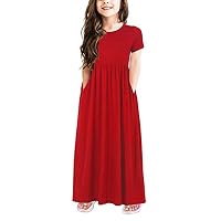 JNKLWPJS Girls Summer Short Sleeve Pleated Casual Long Maxi Dress with Pockets B-Red 6 Years