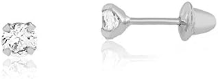 18k White Gold Hypoallergenic Cubic Zirconia CZ Push Backs Stud Earrings for Women, Toddlers and Children