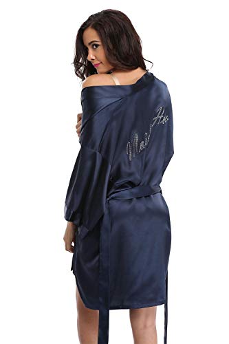 Vogue Bridal Women's Satin Rhinestone Short Wedding Kimono Robe for Maid of Honor, Navy L