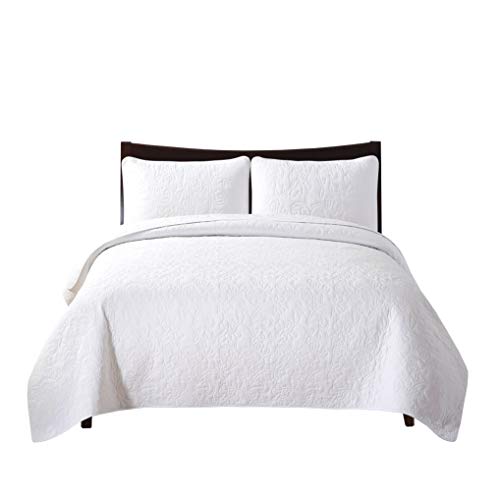Soul & Lane Solid White 100% Cotton 3-Piece Quilt Set with Floral Stitching (King) | with 2 Shams Pre-Washed Machine Washable Medium Weight Bedspread Coverlet