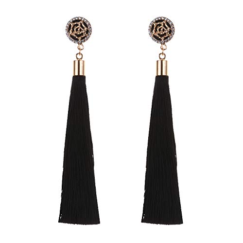 Xixou Tassel Earrings Dangle Style Trendy 3 Colors - Long Tassel Earrings Silk Crystal Dangle Drop Boho Earrings for Women Jewelry (Black)