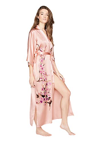 Old Shanghai Women's Silk Kimono Long Robe - Handpainted (Cherry Blossom Dusty Pink)