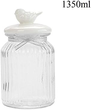 Huayoung Lovely Candy Cans Multipurpose Storage Bottle Cookie Jar- Clear Glass Bottle with Cute Animal Ceramic Lids (1350ml, Bird)