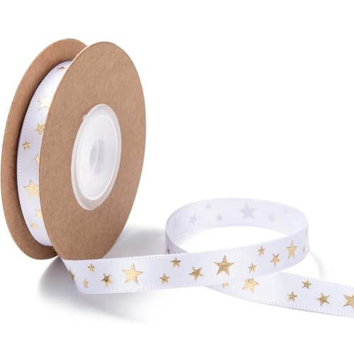 CABODYALS 3 Rolls 27.43M 10mm Star Print Ribbon White Gold Stars Christmas Ribbon Polyester Pentagram Printed Thin Satin Ribbons with Spool for Sewing Making Craft Gift Wrapping Decor Diy Supply