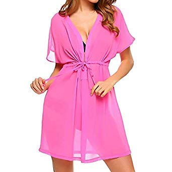 Women White Chiffon Beach Tunic Dress Deep V Cover Up Bikini