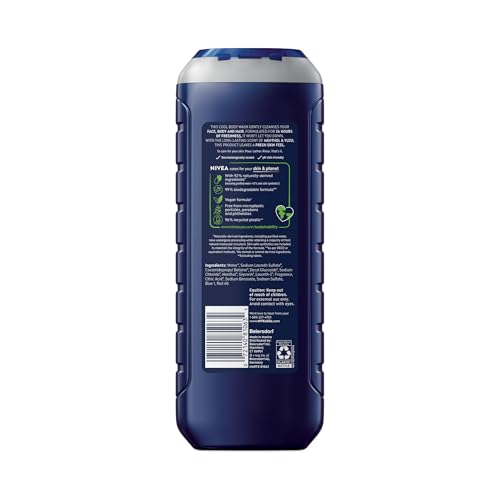 NIVEA MEN COOL BODY WASH, ICY MENTHOL AND YUZU SCENT, 3-IN-1 MEN’S BODY WASH, FACE AND HAIR, PARABEN FREE, PH-SKIN FRIENDLY, 16.9 FL OZ BOTTLE