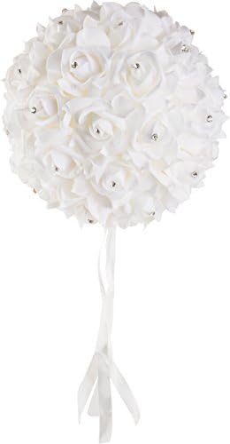 8" Artificial White Kissing Ball with Rhinestones by WorldofWeddings - Set of 1, Foam Rose Pomander Ball for Weddings