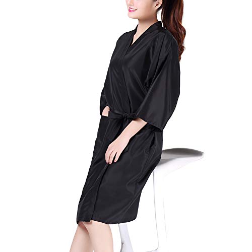 Colorfulife Salon Client Gown Robe Floral Printing Smock Kimono Hairdressing Cape Dress Beauty SPA Hotel Barber Guest Clothes Night-gown Wrap A008 (Black) - Thumbnail 4