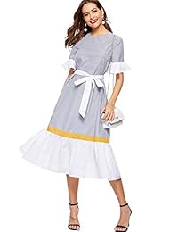 Romwe vestido de manga corta a rayas con volantes en el dobladillo y lazo de color