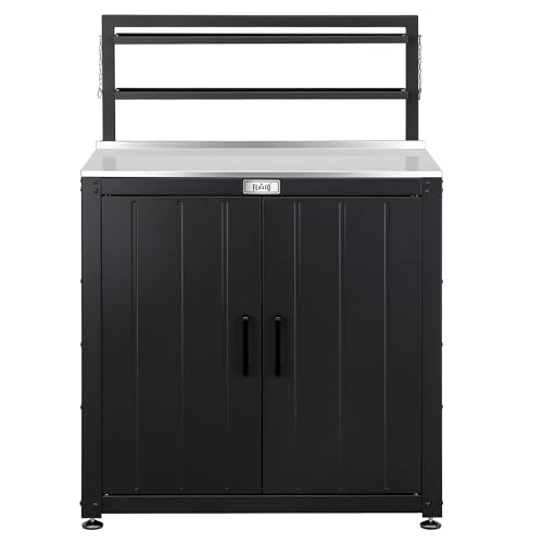 FEASTO Outdoor Potting Bench Table with Storage Cabinet, Stainless Steel Garden Workstation with Raised-Edge Top, Adjustable Shelf & Removable Hutch, Potting Table for Patio, Black/Coffee | Stainless Steel Garden Workstation, Raised-Edge Top, Adjustable Shelf & Removable Hutch, Patio, Balcony & Outdoor Workspace
