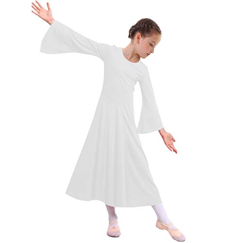 MYRISAM Kids Girls Praise Dance Robe Liturgical Solid Color Bell Sleeve Dress Full Length Loose Fit Worship Costume White 8-9T - Thumbnail 6