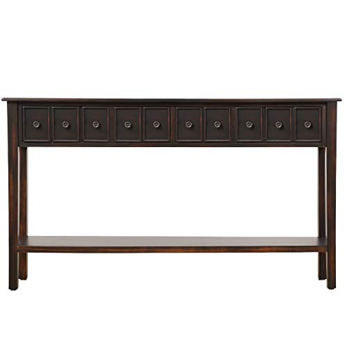 60 inch Long Sofa Console Table,JULYFOX 10 inch Slim Hallway Table with Storage Drawers and Shelf Solid Wood Rustic Entryway Table Heavy Duty for Living Room Office Bar-Black