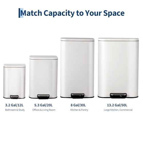 30L Stainless Steel Trash Can for Kitchen, Office, Bathroom – Rectangular, Soft-Close Lid, Foot Pedal, Removable Bucket, Fingerprint-Proof, Space-Saving,White