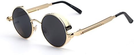 Steampunk Gothic Round Lens Sunglasses w/ Smoke Mirror Lens Vintage Costume (Gold, Black)