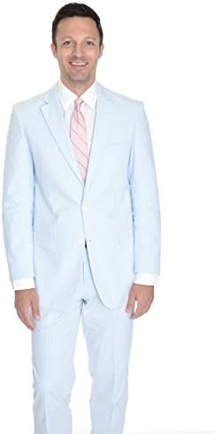 Emigre Blue Striped Two Button Cotton Seersucker Suit-40-Short-40S 34W-34S