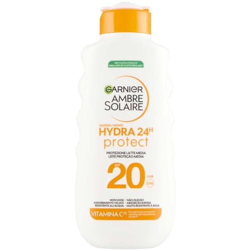Garnier Ambre Solaire Hydra 24H Protect Latte SPF20, 175 ml, vetvrij, waterbestendig, vitamine E, goedgekeurd door International