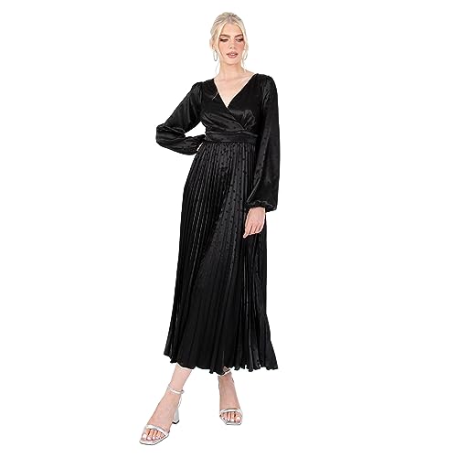 Lovedrobe Women's Midaxi Dress Ladies Pleated Satin V-Neck Long Bishop Sleeve Empire A-Line for Evening Occasion Party Prom Ball Vestito, Nero, 50 Donna