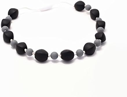 Chew Necklace Silicone Oral Sensory Autism ADHD Chewable Child Size 18'' - Bitey Beads (Black/Gray)