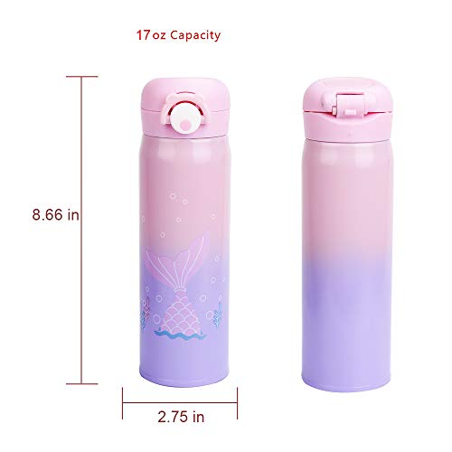 Kids Water Bottle Thermoses Mermaid Water Bottle Cup Metal Stainless Steel Vacuum Insulated Water Flask for School Kids Girls Leak Proof BPA Free (Pink-purple mermaid 17oz) - Thumbnail 6