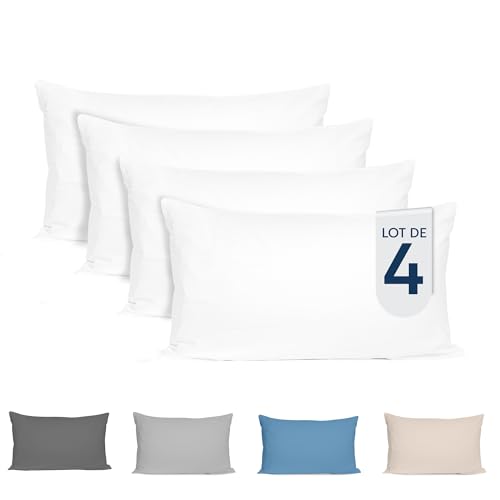 Taie Oreiller 40x80 cm (Lot de 4) 100% Coton Jersey 150 GSM - Blanc - Taie d'oreiller 40 x 80 cm - Housse de Coussin Résistant et Hypoallergénique - Certifiées Oeko-TEX