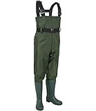 LANGXUN Hip Waders for Kids, Lightweight and Breathable PVC Fishing Waders for Children, Waterproof Bootfoot Waders for Boy and Girl, Army Green Chest Waders for Kids