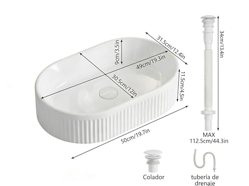 Lavabo Ovalado de Cerámica para Baño, 50 x 32 cm, Blanco, con Desagüe | Cerámica Blanca, Montaje Sobre Encimera, Desagüe Automático, Manguera de Desagüe Incluida para Baño para Baños Hoteles