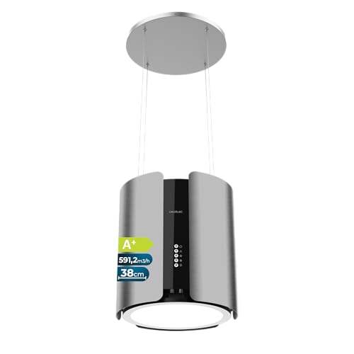Cecotec Cappa a Isola Rotonda 38 cm Bolero Flux CRE 385500 Inox A+. Portata 591,2 m³/h, Motore DC, Comandi Elettronici, Filtro Carbone, Classe A+, Finitura Inox