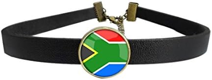 WAZZIT Vintage Choker Neck Collar The Republic of South Africa National Flag 4 Base Colors Selection Goth Punk Leather Necklace with Glass Pendant
