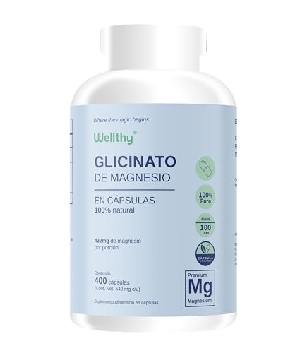 Wellthy Glicinato de Magnesio 400 Cápsulas 432mg. 100% Natural, 100% Puro, Alta Absorción, Cápsulas Veganas.