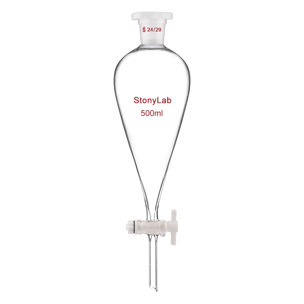 stonylab Borosilicate Glass 500 ml Heavy Wall Conical Separatory Funnel with 24/29 Joints and PTFE Stopcock, 500 ml