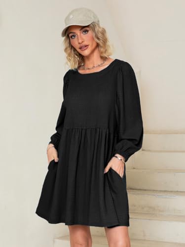 WOMENS BABYDOLL DRESS PUFF SLEEVE FLOWY SUMMER MINI DRESSES BLACK S