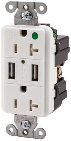 Hubbell Wiring USB8200W Tamper Resistant Hospital Grade USB Charger, Duplex Receptacle, 15 Amp, White