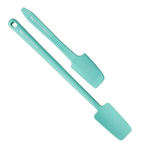 Kitchen Mama Silicone Jar and Can Spatula Set: 2 Platinum Heat-Resistant Spatulas, Long Scraper for Jars and Blender, Small Scraper for Cans, Scoop and Spread Peanut Butter (Teal)