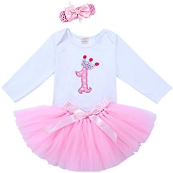 URBEAR Baby Girls' 3pcs Tutu Set 1st Birthday Romper+Skirt+Headband Pink Party Outfits Photo Shoot (Pink 1st,Long Sleeve)