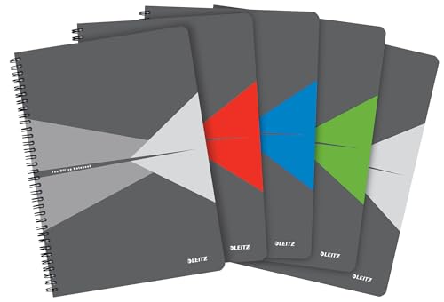 Leitz Office College Pad (Pack of 5) - A4 Squared Notebook with PP Cover, Spiral Binding, 180 Pages / 90 Sheets of FSC-Certified Paper (80 g/m²), For Office & School, Assorted Colours, 44951099