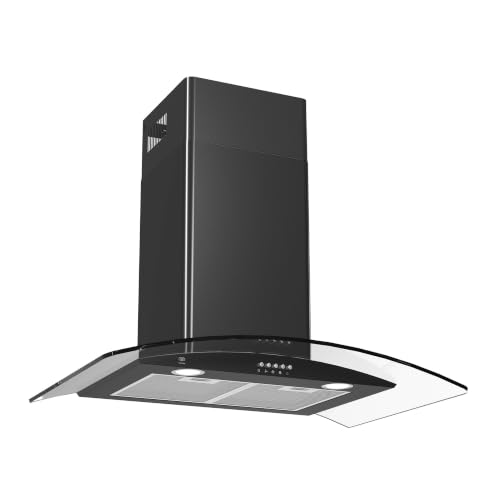 AVERA Campana de cocina 80 cm de pared negra, 3 velocidades, Luz LED, Filtro de carbón activado, Filtro de malla metálica lavable, Acero inoxidable y vidrio templado, Diseño curvo | CEV80N