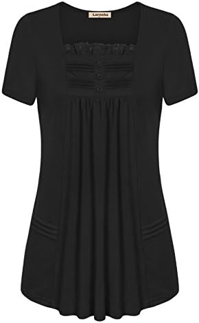 Larenba Women's Pleated Front Lace Square Neck Short Sleeve Tunic Tops