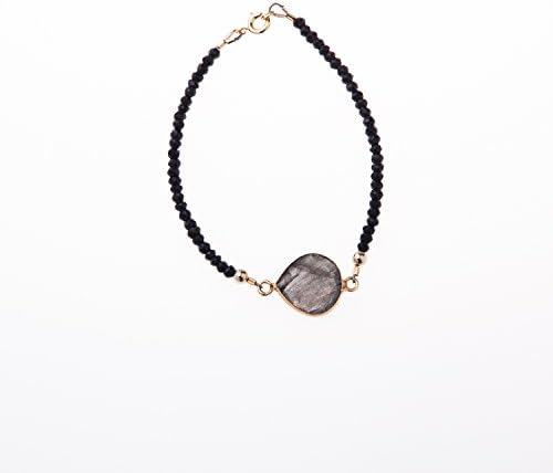 Black Spinel Bead Bracelet with Labradorite Connector, 7 inches