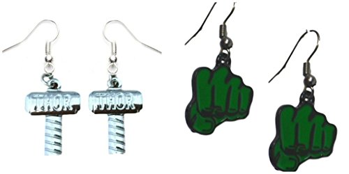 Thor Hammer and Green Hulk Fist Dangle Earrings w/Gift Box