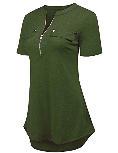 Womens V Neck 3/4 Long Sleeve Zipper Shirts Casual Swing Tunic Tops Blouse (S, Army Green)