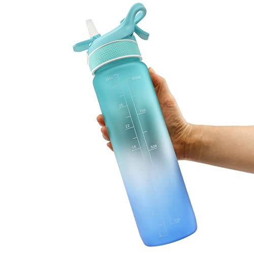 CC-100 Sports Water Bottle,Spray Cooling Bottle,Straw - Spray Two-in-One , to Quench Thirst, Cool Down Quickly, For Fitness,Travel,Running (blue), 11.4*2.7in