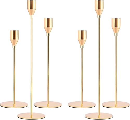 NEOROSVIKA Juego de 6 Candelabros para Velas, Vintage Cónicas Portavelas de Metal Alto, Candelabros Decorativos de Diferentes Alturas, se Adapta a Velas de 3/4 Pulgadas de Grosor (Oro)