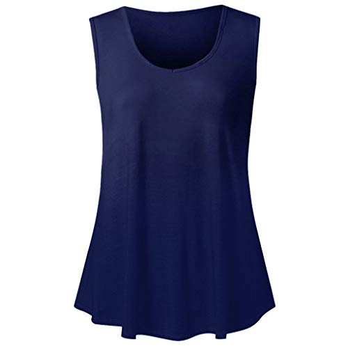 Emimarol Women Blouse Summer O Neck Sleeveless Shirt Casual Solid Tunic Vest Tops Blouse Navy - Thumbnail 2