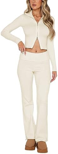 Springrain Women Sweater Sets Piece Lounge Sets Ribbed Zip