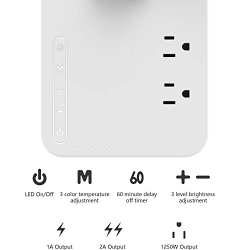 COZOO LED Desk Lamp with 3 USB Charging Port and 2 Outlet Power Strip, 3 Lighting Model with 3 Brightness Level, 1h Timer, Touch Control, Memory Function (White-)